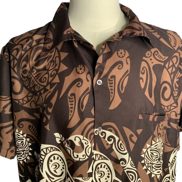 King Kameha Button Up Hawaiian Shirt XL Brown Polynesian Short Sleeve Pocket NEW - Picture 2 of 6